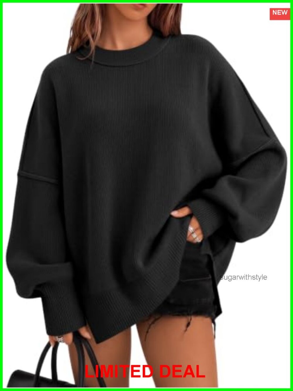 Oversized Crewneck Tunic Sweater with Side Split Hem